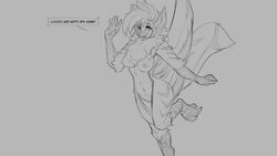 2019 anthro avian beak breasts claws dialogue english_text feathered_wings feathers female gryphon hair mammal monochrome nipples nude open_mouth rane_(fluff-kevlar) rule_63 simple_background smile solo text watsup wings