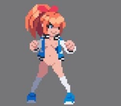 1girls animated bottomless bouncing_breasts bow breasts casual female fighting fighting_stance functionally_nude human jacket kamuo kicking kunio-kun kyoko_(kunio-kun) letterman_jacket lewd_city_girls orange_hair outerwear pixel_art punching pussy river_city_girls solo varsity_jacket