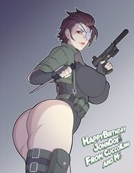 1girls ass belka_dog big_ass big_breasts breasts cleavage clothing cuccoking female female_only firearm gun handgun human jane_doe_(john_doe) knife large_breasts mali6 nipple_bulge pale_skin solo suppressor weapon