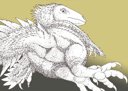 2019 ambiguous_gender ambiguous_species animal_genitalia ass claws cloaca crest dinosaur feathered_dinosaur feathered_wings feathers feral frown hi_res looking_at_viewer looking_back lying mixed_media monochrome nude on_side pen_(artwork) rear_view reptile scalie simple_background slightly_chubby small_tail solo tail_feathers theropod toe_claws traditional_media_(artwork) wings zw3