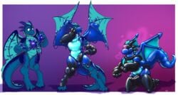 2019 absurd_res anthro blitz_(krystaldawn) blue_body bose collar dragon goo_transformation green_eyes handles heart hi_res horn kneeling male male_only nude penis rubber sequence solo spread_wings surprise transformation wings