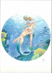 2girls ass blonde_hair breasts cunnilingus female female_only green_hair hair_ornament mermaid milo_manara multiple_girls nipples ocean oral oral_sex yuri