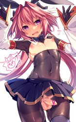 1boy 1femboy 2020 @_@ animal_ears arms_up astolfo_(fate) astolfo_(saber)_(fate) black_bow black_gloves black_headwear black_legwear black_neckwear black_skirt blush bow bowtie bunny_ears censored commentary_request crossdressing fate/apocrypha fate/grand_order fate_(series) femboy femboy_only girly gloves gold_trim heart heart_censor low_twintails male male_focus male_only miniskirt multicolored_hair nipples pantyhose penis peshita pink_hair purple_eyes simple_background skirt solo streaked_hair testicles trap twintails white_background white_hair