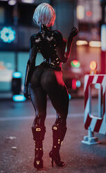 1girls 3d absurdres ass big_ass bodysuit clothing female female_only footwear high_heel_boots high_heels highres latex latex_gloves latex_suit latex_thighhighs nier nier:_automata pale_skin public solo spread_legs standing stevencarson thick_thighs yorha_2b