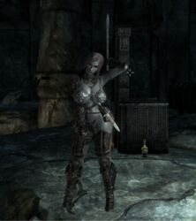 bethesda_softworks breasts dagger dark_elf dungeon dunmer female grey_skin hood indoor large_breasts posing the_elder_scrolls thief thong