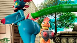 1boy 2girls anthro anthrofied ass black_eyes black_skin blue_fur chubby cum furry green_penis half-closed_eyes huge_ass hyper hyper_ass hyper_breasts hyper_penis looking_back nintendo orange_skin penis pokemon pokemon_bw pokemon_dppt pose red_eyes rgtdwtbr sagging_breasts scalie scrafty source_filmmaker source_request tank text thick_thighs watermark weavile what wide_hips