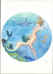 2girls ass blonde_hair breasts cunnilingus female female_only green_hair hair_ornament mermaid milo_manara multiple_girls ocean oral_sex yuri