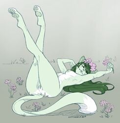 2019 anthro breasts caninelove domestic_cat dreamkeepers felid feline felis female flower flower_in_hair fur green_fur green_hair green_nipples hair lilith_calah mammal nipples nude plant pussy solo