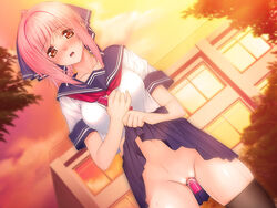 blush censored female game_cg iizuki_tasuku insertion kirihara_mana masturbation no_panties pink_hair public school_uniform skirt skirt_lift solo temptation temptation_h thighhighs vibrator