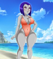 1girls big_breasts cartoon_network dc dc_comics forehead_jewel grey_skin one-piece_swimsuit purple_eyes purple_hair rachel_roth raven_(dc) samiruukun short_hair solo swimsuit teen_titans thick_thighs thighs