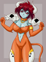 1girls bishoujo_senshi_sailor_moon blue_skin breasts brown_hair cardian cowboy_shot curvy female fur horns humanoid large_breasts looking_at_viewer minotaur minotaur_female minotauron monster_of_the_day pointy_chin purple_bonus pussy short_hair solo tail thick_thighs villainess voluptuous wide_hips