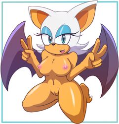 anthro bat blue_eyes breasts female maishida mammal nipples nude plain_background pose pussy rouge_the_bat sega solo sonic_(series) wings