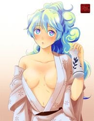 1girls blue_eyes blue_hair breasts commission female female_only horny_female japanese_clothes kimono kizaki_(pixiv18828) kizaki_shin long_hair looking_at_another looking_at_viewer multicolored_hair nia_teppelin nipple_slip nipples open_mouth ponytail sake solo_female solo_focus tagme tengen_toppa_gurren-lagann tengen_toppa_gurren_lagann tied_hair