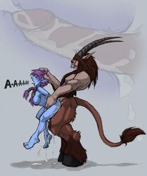 1boy 1girls blizzard_entertainment blue_skin body_fur brown_fur brown_hair female half-human hooves horns humanoid implied_penetration long_hair_male male nipples nude pink_hair pointy_ears satyr satyr_(warcraft) straight tail tail_tuft troll troll_(warcraft) troll_female warcraft world_of_warcraft