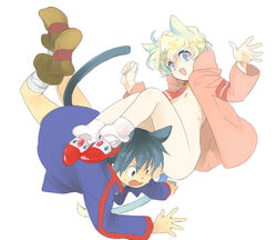 animal_ears blue_hair cat_ears cat_tail couple flat_chest footwear hoodie jacket kemonomimi_mode loose_socks multicolored_hair necktie nia_teppelin nipples nude open_mouth short_hair simon_(tengen_toppa_gurren_lagann) socks tail tengen_toppa_gurren-lagann tengen_toppa_gurren_lagann yuriko_(kkk9) yuriko_(pixiv63067)