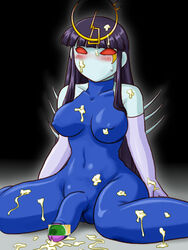 1futa bishoujo_senshi_sailor_moon black_hair blush bodysuit breasts censored cum erection_under_clothes futanari humanoid large_breasts long_hair penis purple_bonus solo thetis_(sailor_moon) white_skin