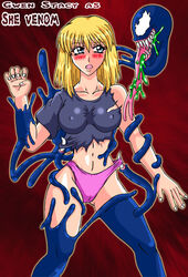 1girls blonde_hair blue_eyes corruption gwen_stacy gwen_stacy_(classic) gwenom marvel medium_breasts panties pointy_chin restrained she-venom spider-man_(series) straight_hair symbiote torn_clothes venom