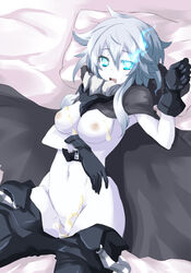 after_sex aqua_eyes breasts cape cum cum_in_pussy cum_on_body cum_on_breasts cum_on_upper_body female gloves glowing glowing_eye kantai_collection navel nipples pussy shinkaisei-kan silver_hair wo-class_aircraft_carrier yu-ves