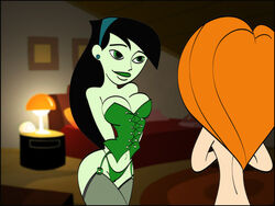 2girls arms_behind_back bed black_hair breasts cleavage col_kink corset disney disney_channel earrings female female_only green_eyes green_lips green_skin headband human kim_possible kimberly_ann_possible light lingerie long_hair medium_breasts miss_go multiple_females navel nude orange_hair panties perky_breasts shego straight_hair thighhighs yuri