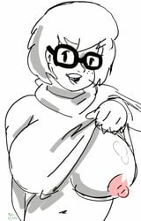 breasts clothed female glasses hanna-barbera large_breasts laudegrance monochrome nipples rough_sketch scooby-doo shirt_lift smile solo velma_dinkley