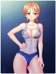 blush breasts cleavage clothes color female female_only front_view hair hanazuka_ryouji hand_on_hip human nami one_piece orange_hair pointy_chin pre-timeskip repeated_image solo standing straight_hair tagme