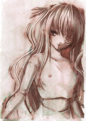 barasuishou breasts color_ink_(medium) doll_joints eye_patch long_hair monochrome nipples nude rozen_maiden sugai topless traditional_media