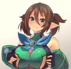 bare_shoulders breasts brown_hair female fingerless_gloves gloves green_eyes hair_ornament hairclip highres large_breasts male paizuri patty_(pso2) penis phantasy_star phantasy_star_online_2 pointy_ears short_hair smile straight tied_hair twintails zi-shot