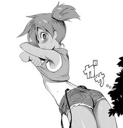 armpits blush breasts comic female female_only gym_leader hair_ornament legs lifted_by_self looking_at_viewer looking_back misty_(pokemon) monochrome nintendo no_bra no_underwear one-piece_tan open_mouth pokemon pokemon_rgby ponytail shirt shirt_lift shirt_lifted_by_self short_hair shorts sideboob simple_background sleeveless_shirt source_request sweat tanline tanned tied_hair toku_(ke7416613) undressing voyeur voyeurism wavy_mouth white_background