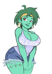 1girls breasts cleavage denim_shorts earrings green_hair green_skin headband jewelry large_breasts omegasunburst red_eyes rottytops shantae short_hair shorts skull_earrings tank_top thick_thighs thighs tongue tongue_out