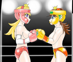 2girls arena blonde_hair blue_eyes boxing boxing_gloves boxing_headgear boxing_ring breasts brown_hair clothing crown duo duo_focus elbow_gloves eye_contact female female_only fighting_ring flipped_hair flower flower_boxing_gloves gloves hair_between_eyes headgear human human_only light-skinned_female light_skin lips lipstick long_hair looking_at_each_other mario_(series) mostly_nude mouth_guard mouthguard nintendo pale-skinned_female pale_skin panties parted_bangs pink_boxing_gloves pink_boxing_headgear pink_gloves pink_headgear pink_panties princess_daisy princess_peach pugilismx shiny_hair shiny_skin shoulder_length_hair side_view sideboob straight_hair thick thick_hips thick_thighs thighs topless topless_boxing touch_gloves two-tone_panties wide_hips yellow_boxing_gloves yellow_boxing_headgear yellow_gloves yellow_headgear yellow_panties