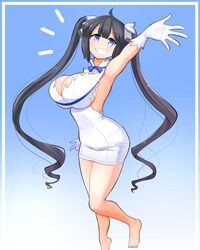 1girls bare_shoulders barefoot black_hair blue_background blue_eyes blue_ribbon breasts cleavage dungeon_ni_deai_wo_motomeru_no_wa_machigatteiru_darou_ka feet full_body gloves grin hestia_(danmachi) legs long_hair looking_at_viewer rei_no_himo ribbon smile teeth theycallhimcake thighs twintails very_long_hair white_gloves