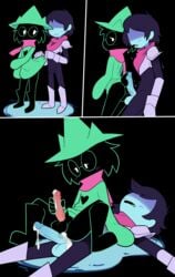 2boys absurd_res after_sex animal_genitalia animal_penis armor ass black_fur blue_skin blush bulge cum cum_drip cum_inside deltarune fur furry gay glasses handjob highres interspecies kris_(deltarune) male male/male male_only masturbation miscon motion_lines on_back penis ralsei ridiculously_high_resolution scarf sweater testicle tired veiny_penis witch_hat yaoi