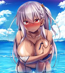 1girls accidental_exposure asymmetrical_hair bikini bikini_tan blue_bikini blue_sky blush braid breasts cameltoe covering_breasts day embarrassed hair_between_eyes long_hair looking_at_viewer mizunoe_kotaru ocean original outside red_eyes side-tie_bikini side_braid sky swimsuit tan tan_line untied untied_bikini wading wardrobe_malfunction water wet