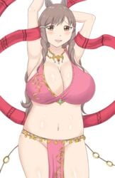 1girls blush breasts brown_eyes brown_hair cleavage cosplay edit embarrassed exhibitionism female female_only fire_emblem fire_emblem:_genealogy_of_the_holy_war fire_emblem_awakening hair_ornament huge_breasts jewelry large_breasts lene_(fire_emblem) lene_(fire_emblem)_(cosplay) long_hair looking_at_viewer midriff milf navel necklace nintendo no_bra no_panties no_underwear open_mouth photoshop plump raigarasu revealing_clothes smile solo sumia_(fire_emblem) thick_thighs thighs