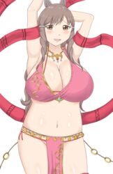 1girls blush breasts brown_eyes brown_hair cleavage cosplay embarrassed exhibitionism female female_only fire_emblem fire_emblem:_genealogy_of_the_holy_war fire_emblem_awakening hair_ornament huge_breasts jewelry large_breasts lene_(fire_emblem)_(cosplay) long_hair looking_at_viewer midriff milf navel necklace nintendo open_mouth plump raigarasu revealing_clothes smile solo sumia_(fire_emblem) thick_thighs thighs