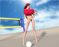 beach beach_volleyball big_lips bimbo bustgoddess gigantic_breasts hand_on_hip huge_breasts red_hair red_shirt skinny small_waist string_bikini tank_top