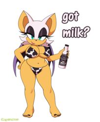 1girls animal_ears anthro bat_wings bedroom_eyes bikini breasts cleavage cow_print dialogue english_text eyeshadow full_body furry got_milk hand_on_hip holding large_breasts looking_at_viewer makeup milk omegasunburst painted_nails rouge_the_bat sega solo sonic_(series) thick_thighs thighs transparent_background wide_hips wings