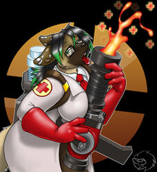 anthro artoblivion123 breasts dog female female_only femmedic fur furry glasses gloves highres labcoat mammal medic medic_(team_fortress_2) medigun red_gloves rule_46 rule_63 solo team_fortress_2 tie tongue tongue_out