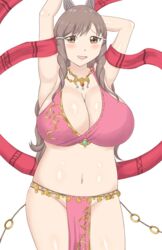 1girls blush breasts brown_eyes brown_hair cleavage cosplay edit embarrassed exhibitionism female female_only fire_emblem fire_emblem:_genealogy_of_the_holy_war fire_emblem_awakening hair_ornament huge_breasts jewelry large_breasts lene_(fire_emblem)_(cosplay) long_hair looking_at_viewer midriff milf navel necklace nintendo no_bra no_panties no_underwear open_mouth photoshop plump raigarasu revealing_clothes simple_background smile solo sumia_(fire_emblem) thick_thighs thighs white_background