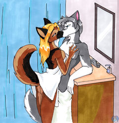 anthro bathroom blonde_hair blue_eyes breasts canid canine canis duo eyewear female glasses hair inside kissing long_hair male mammal mirror naked_towel romantic_couple side_boob straight tierafoxglove towel towel_only wolf