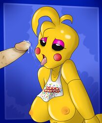 blowjob breasts chicken cum cum_in_mouth faceless_male five_nights_at_freddy's five_nights_at_freddy's_2 penis red_cheeks sashadexduderus tongue tongue_out toy_chica_(fnaf) yellow_skin