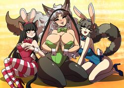 3girls :3 aquamarine_(kinkymation) big_breasts black_hair blush breasts bunnysuit cat_tail catgirl closed_eyes clothing emerald_(kinkymation) female female_only green_eyes hair kinkymation long_hair multiple_girls one_eye_closed ruby_(kinkymation) tail yellow_eyes