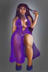 dc_comics female green_eyes hair_twirling heels huge_areolae huge_breasts linkzelda41 nightgown pregnant royalty see-through see-through_clothing shortstack starfire string_panties striped_panties teen_titans