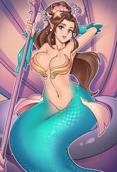 1girls alternate_costume big_breasts blue_tail breasts brown_hair female female_only hair highres long_hair mermaid mermaid_tail mermaid_ying nauth nauth_le_roy paladins pointy_ears shell shell_bikini solo video_games ying_(paladins)