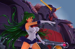 big_breasts bishoujo_senshi_sailor_moon breasts choker clothed clothing crossover earrings erect_nipples female gloves green_hair gundam hairbun jewelry large_breasts long_hair magical_girl_item medium_breasts pantyshot red_eyes sailor_pluto serafuku setsuna_meiou short_skirt side_view skirt sonota_taisei staff tiara upskirt very_long_hair wind