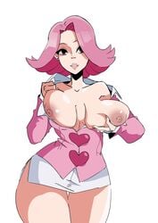 april_may capcom clothed clothed_female eduardo_squidwardo erect_nipples female flashing fondling_breast gyakuten_saiban large_breasts open_jacket open_shirt pink_hair short_skirt solo_female thesquiddycipher thick_thighs uniform voluptuous