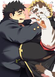 2019 absurd_res anthro belly blush bodily_fluids bulge chubby_protagonist_(tas) cum duo felid fur genital_fluids hi_res hug human humanoid_hands kissing licho_(tas) male male/male mammal overweight overweight_male pantherine protagonist_(tas) ptcmtr tiger tokyo_afterschool_summoners video_games white_body white_fur