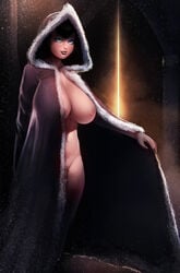 1girls areolae big_breasts blue_eyes breasts cloak female fur_trim goth hotel_transylvania huge_breasts maarthul mavis_dracula outdoors outerwear presenting snow vampire