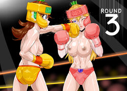 2girls arena ass backboob blonde_hair blue_eyes boxing boxing_gloves boxing_headgear boxing_ring breasts brown_hair butt catfight cheek_punch clothing crown duo duo_focus elbow_gloves eye_contact female female_only fight fighting fighting_ring flipped_hair gloves hair_between_eyes half-closed_eye headgear human human_only light-skinned_female light_skin lips lipstick long_hair looking_at_another mario_(series) mostly_nude mouth_guard mouthguard nintendo nipples one_eye_closed pale-skinned_female pale_skin panties parted_bangs pink_boxing_gloves pink_boxing_headgear pink_gloves pink_headgear pink_panties princess_daisy princess_peach pugilismx punch shiny_hair shiny_skin shoulder_length_hair sideboob straight_hair text thick thick_hips thick_thighs thighs topless topless_boxing wide_hips yellow_boxing_gloves yellow_boxing_headgear yellow_gloves yellow_headgear yellow_panties