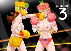 2girls arena ass backboob blonde_hair blue_eyes boxing boxing_gloves boxing_headgear boxing_ring breasts brown_hair butt catfight cheek_punch clothing crown duo duo_focus elbow_gloves eye_contact female female_only fight fighting fighting_ring flipped_hair gloves hair_between_eyes half-closed_eye headgear human human_only light-skinned_female light_skin lips lipstick long_hair looking_at_another mario_(series) mostly_nude mouth_guard mouthguard multiple_girls nintendo nipples one_eye_closed pale-skinned_female pale_skin panties parted_bangs pink_boxing_gloves pink_boxing_headgear pink_gloves pink_headgear pink_panties princess_daisy princess_peach pugilismx punch shiny_hair shiny_skin shoulder_length_hair sideboob straight_hair text thick thick_hips thick_thighs thighs topless topless_boxing wide_hips yellow_boxing_gloves yellow_boxing_headgear yellow_gloves yellow_headgear yellow_panties